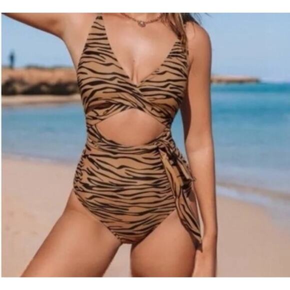 Aerie Tiger Print Wrap Around Swimsuit One-piece Size M Nude and Black - Picture 1 of 7